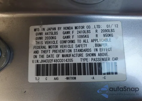 2012 Acura Tsx из США, поврежденный, VIN JH4CU2F48CC014205